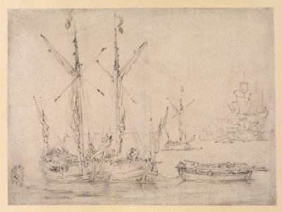 Estuary Scene: three Galliots, a Barge and a Frigate firing a Salute by Willem van de Velde